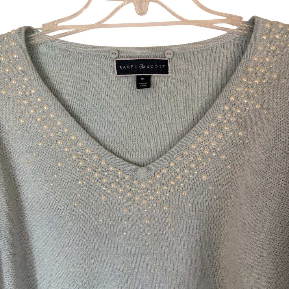 Karen Scott Women Sweater X-Large Blue Long Sleeve V Neck Casual Pullover Pearls
